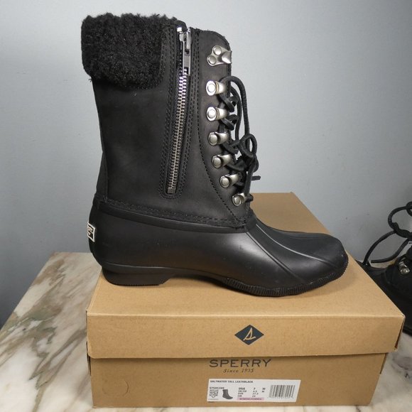 Sperry womens Saltwater Tall Leather Cozy Rain Boot, Black, 7 US - Picture 3 of 10